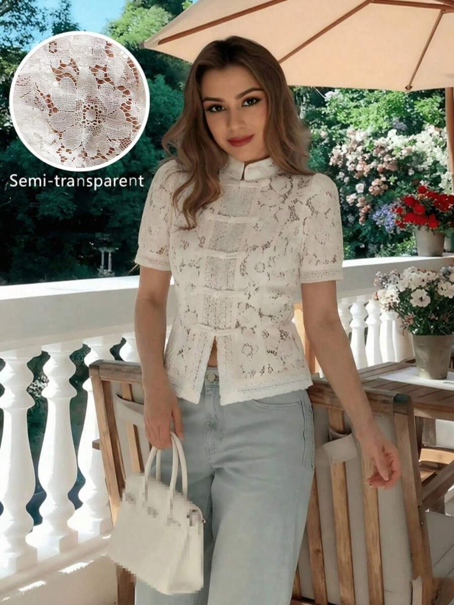 Spring/Autumn Elegant White Lace Crochet Floral Stand Collar Fitted Blouse, Fashion Commuter Top With Design Sense, French Romantic Style Summer - White - View 1