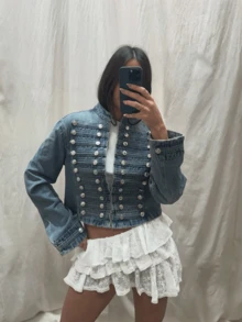 HZXVIC 女款新款復古設計立領翻領金屬鈕扣短版時尚牛仔外套休閒 - 中等水洗藍 - 查看 12