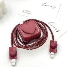 UK Standard 3D Burgundy Heart-Shaped Data Cable Protector For IPhone 14 Pro Max Charger Protector For IPhone 13/12/11 Charger Cable Winder 18/20W Fast Charging Head Anti-Breakage Cable Organizer Boyfriend/Girlfriend Gift - Burgundy - View 3