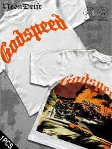 Break The SystemMen's Washed Vintage Crewneck T-Shirt, 100% Cotton 180GSM, Godspeed Highway Car Print, Retro Faded Style, American Streetwear, - 白色3 - 查看 2
