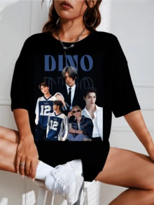 Dino Seventeens 2026 New Arrival T-Shirt, SEVENTEENs Dino T-Shirt, Retro 90s Bootleg Style, Unisex And Plus Sizes Available, Carat Fan Merchandise, Casual Sporty Aesthetic Navy Blue Top - 黑色 - 查看 1