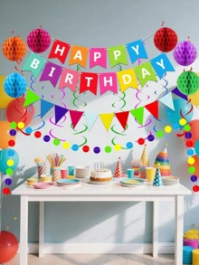 1 Set Neutral Happy Birthday Banner, Includes Colorful Paper Flags, Paper Ring Garland, Sequin Garland, Spiral Streamers And Honeycomb Balls, Complete Hanging Party Decoration Set, Suitable For Birthday, Baby Shower, Anniversary, Holiday Celebration Supplies - Multicolor - View 2