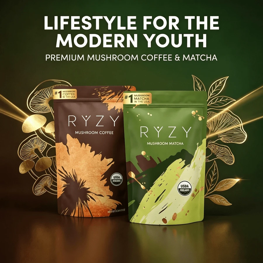RYZY Organic Matcha & Mushroom Coffee 6-Mushroom Superblend With MCT For Mental Clarity, Focus, Energy, Immunity & Radiance | 60 Servings - Mushroom Matcha Combo - 查看 1
