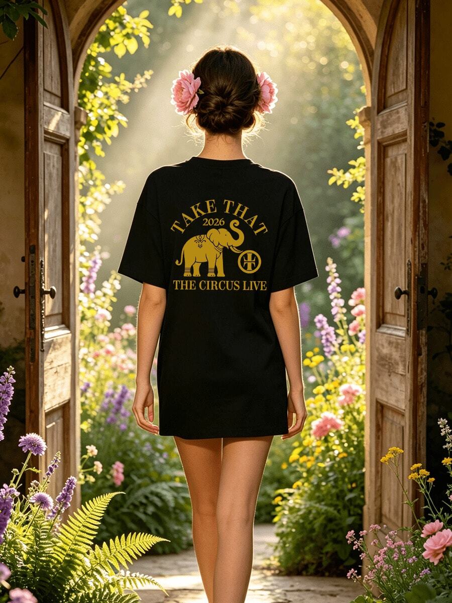 Women's Summer Casual Soft Round Neck Short Sleeve T-Shirt,The Circus Live Elephant Print Graphic Suitable For Casual Spring And Summer Wear. - Negro - Ver 1