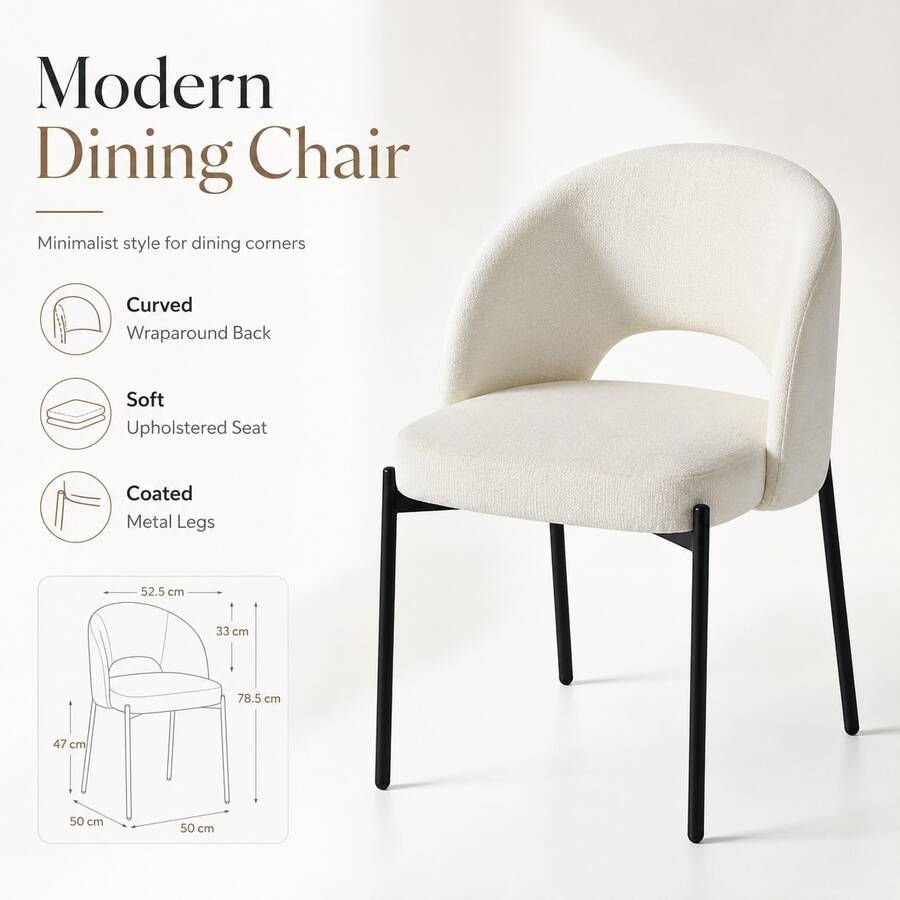 Mjuk tygklädd matstol med rundad ihålig rygg, enkelstol med belagda metallben, lämplig för lägenhet/matbord/vardagsrum, enmanssoffa, kaffestol, sminkbordstol, enmanssits, målad järnram, soffa, loungestol - Vitt - Visa 1