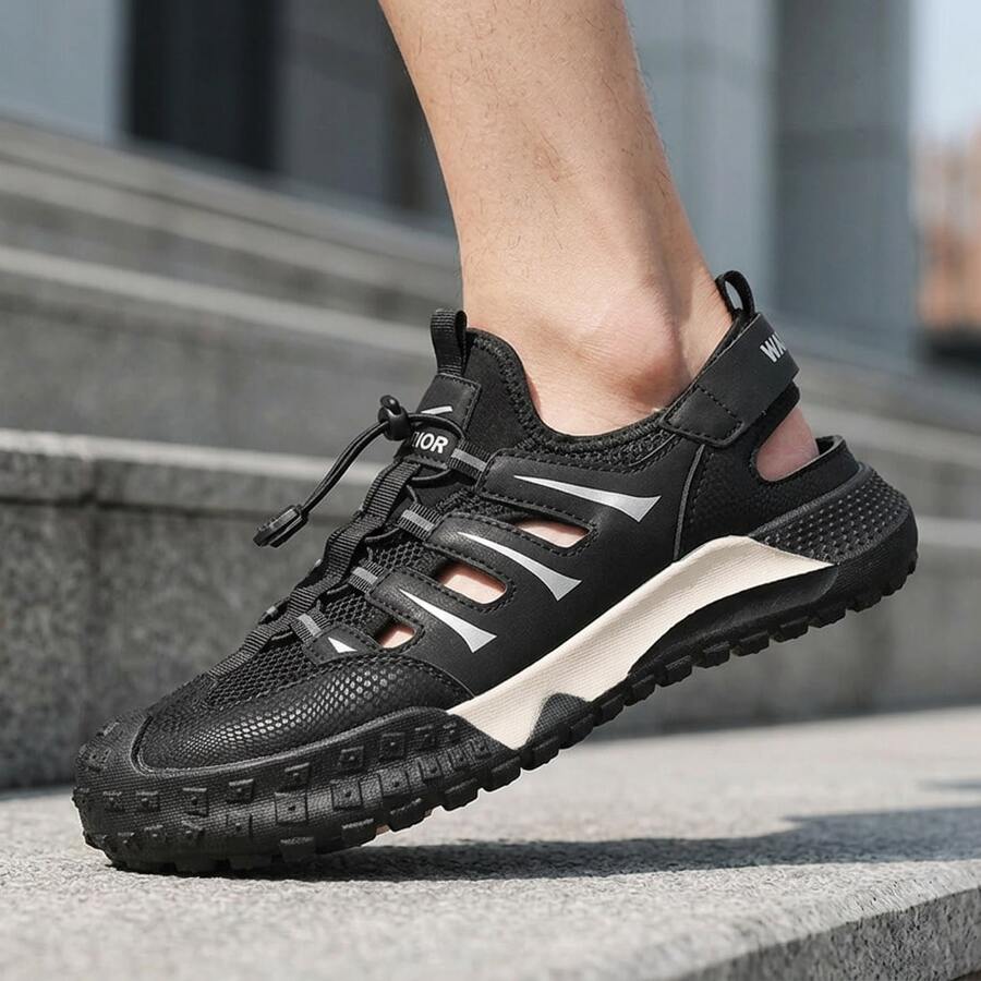 Sandalias para hombre deportivas de PU y malla transpirables, calzado tipo playa hombre cómodo y ligero con diseño de cordón ajustable - Negro - Ver 1