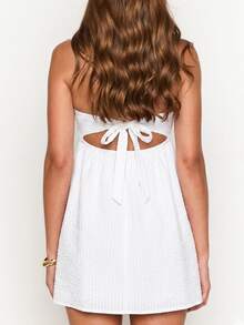 Women Summer Mini Bandeau Dress Off Shoulder Strapless Plaid Tube Top Dress With 2 Pockets - 白色 - 查看 3