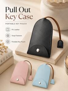 Pull Out Key Case PU Leather Keychain Pouch, 1pc Large Capacity Car Key Holder Organizer With Snap Fastener & Rope Strap, Cute Mini Portable Pull Type Key Bag Cover Sleeve Protector For Purse Backpack, Key Fob Case For Men Women, Gift - A - View 2