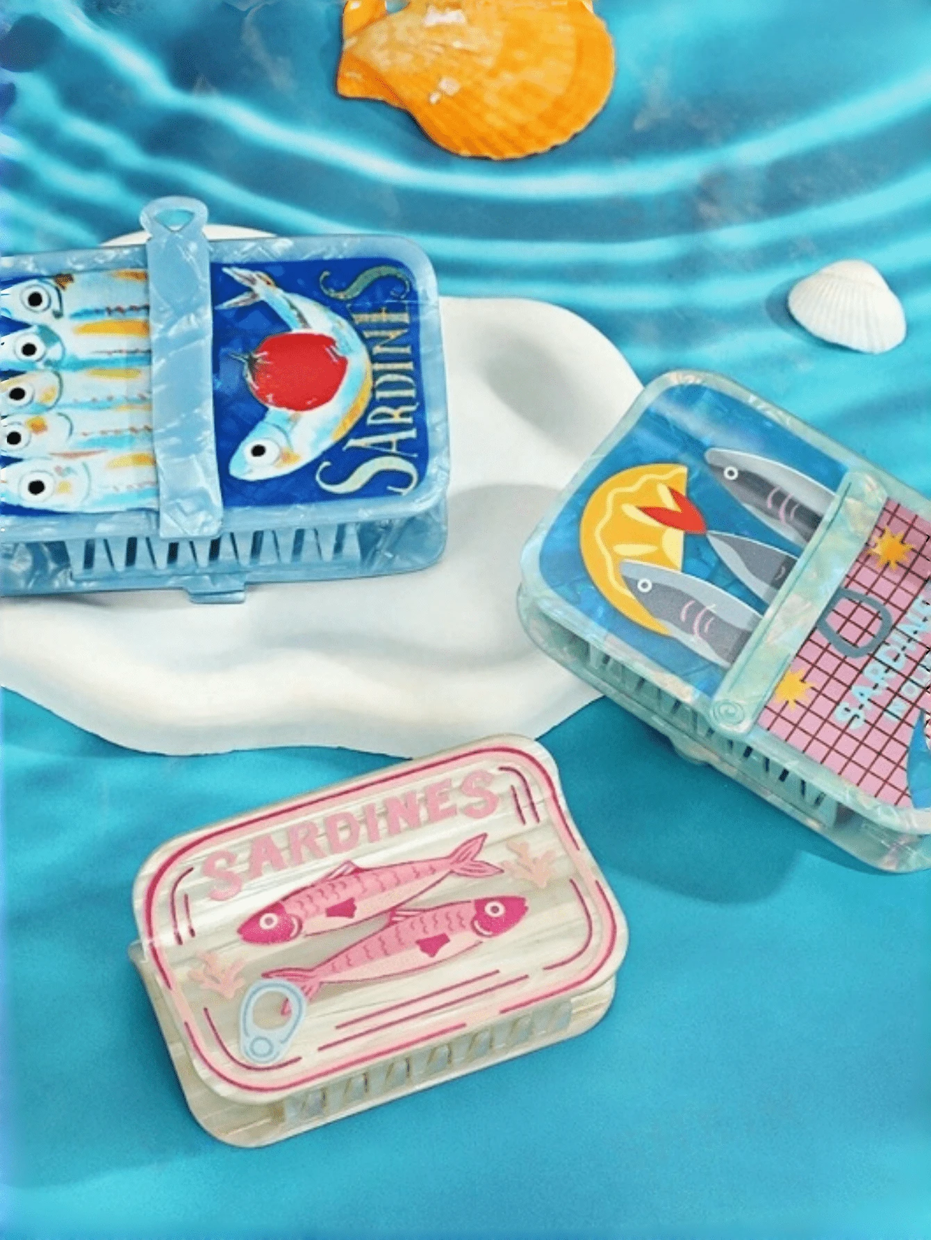 Pinza para el cabello de garra de océano primavera verano creativa cuadrada pequeña con estampado de pez sardina y letra, pinza para el cabello linda, pinza para moño en la parte posterior de la cabeza, accesorios para el cabello de mujer, uso diario casual, pinza para cabello semirecogido sobre los hombros, accesorio de moda versátil para playa de arena y fotografía, accesorios bohemios para el cabello, tocado - Multicolor - Ver 1