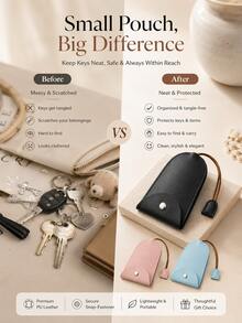 Pull Out Key Case PU Leather Keychain Pouch, 1pc Large Capacity Car Key Holder Organizer With Snap Fastener & Rope Strap, Cute Mini Portable Pull Type Key Bag Cover Sleeve Protector For Purse Backpack, Key Fob Case For Men Women, Gift - A - View 4