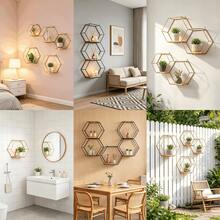 Nordic Creative Hexagonal Wall Shelf, No-Drill Metal Wall-Mounted Storage Rack, Living Room Bedroom Wall Storage Decor Shelf - Multicolor - View 7