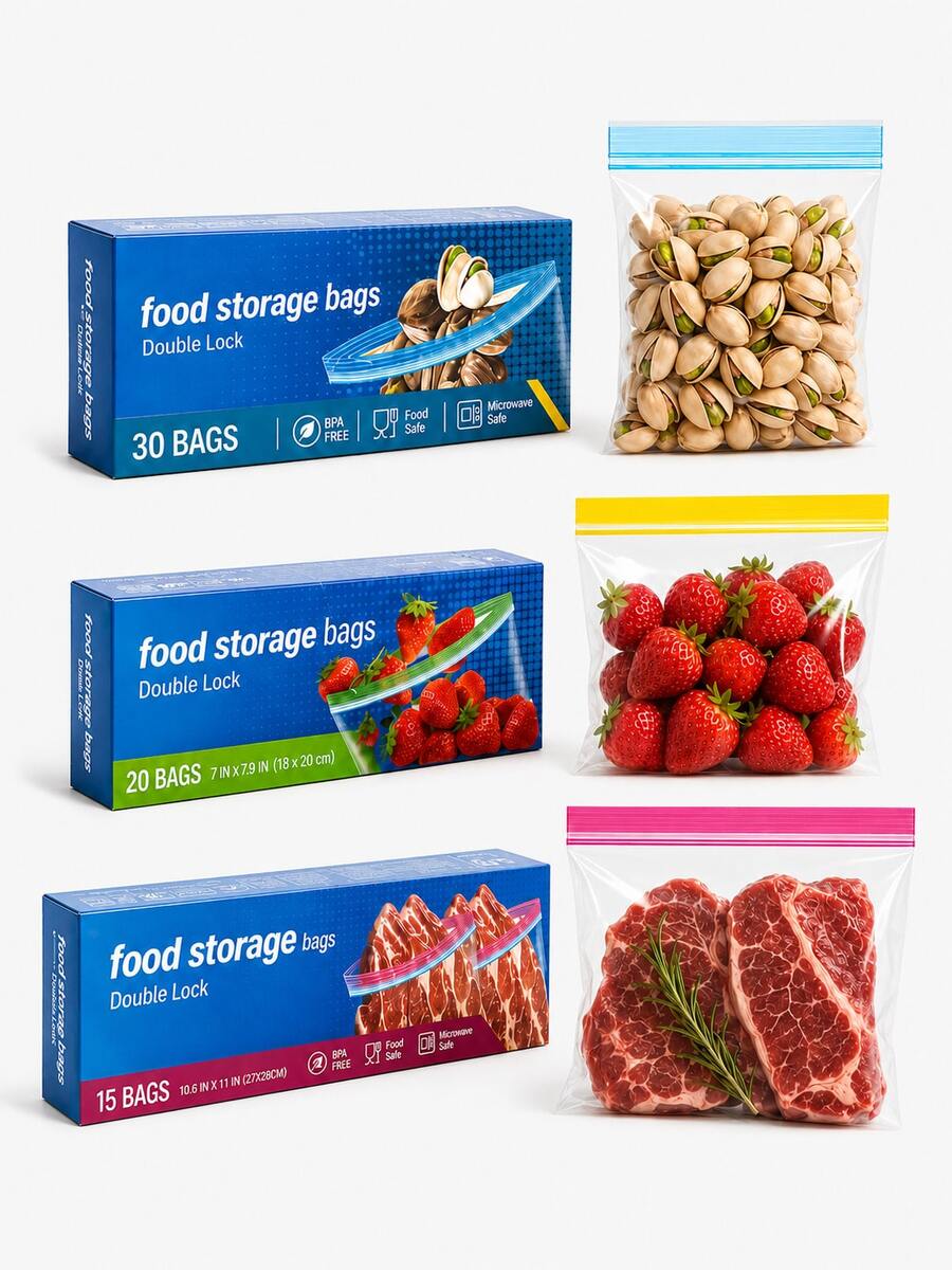 65PCS Reusable Stand-Up Storage Bags Set, Clear Double-Seal Zipper Bags With Wide Bottom, Small Medium Large Sizes For Kitchen, Fridge, Travel, Snacks, Produce And Home Organization