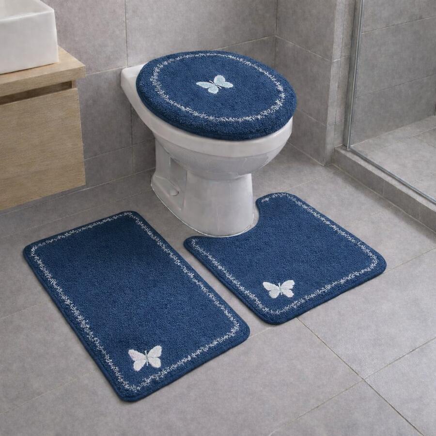 Bathroom Mat Set 3 Pieces Delicato Non-Slip Soft Plush Washable Various Colors - 藍色 - 查看 1