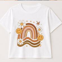 Playera para mujer estampado retro arcoíris y margaritas, camiseta femenina manga corta, blusa casual para dama, top juvenil vintage, ropa cómoda de mujer, camiseta cuello redondo, playera positiva con diseño colorido, blusa ligera para diario, outfit casual para escuela, viaje, paseo, vacaciones y fin de semana, regalo para amiga novia hermana hija o maestra - Blanco - Ver 4