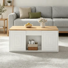 Mesa de centro para sala de estar, 46 x 95 x 45 cm, altura ajustável até aproximadamente 59 cm, com duas portas de armário e design minimalista. Mesa lateral em madeira natural, mesa de centro, escrivaninha. - Branco - Ver 10