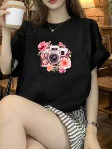 Fashionable Short-Sleeved T-Shirt, Pink Letter-Printed Casual Women's 100% Cotton Top, Women's Clothing - Black - View 1