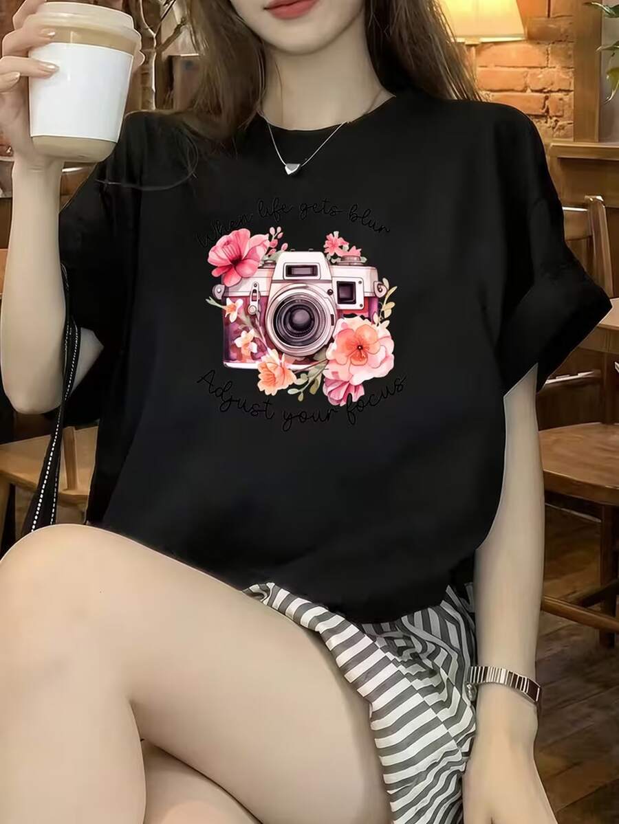 Fashionable Short-Sleeved T-Shirt, Pink Letter-Printed Casual Women's 100% Cotton Top, Women's Clothing - Black - View 1