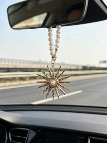Baroque Style Pearl Sunflower Car Hanging Ornament, Alloy Sun God Pendant Rearview Mirror Decor, Car Interior Accessory - A - View 1