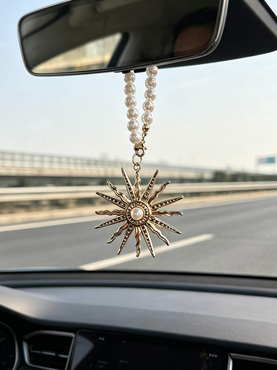 Baroque Style Pearl Sunflower Car Hanging Ornament, Alloy Sun God Pendant Rearview Mirror Decor, Car Interior Accessory - A - View 1