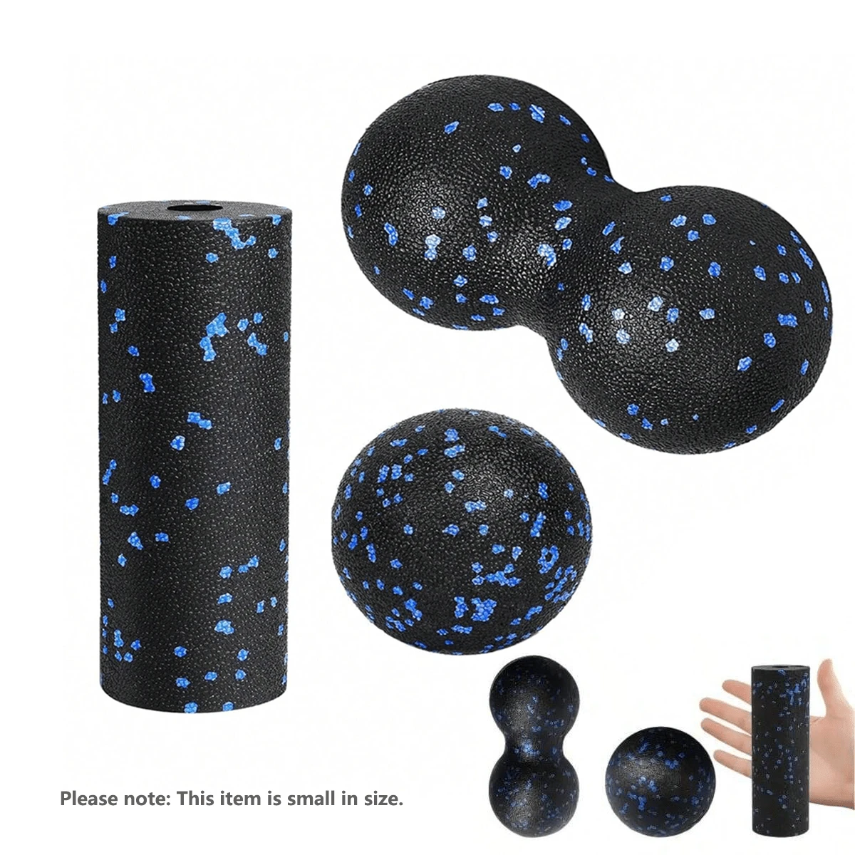 3pcs Mini Yoga Foam Roller Set - Mini Foam Roller, Muscle Massage Roller, For Post-Workout Muscle Relief, Deep Tissue Relaxation And Tension Release, Mini Foam Roller + Peanut Ball + Trigger Point Massager, Black/Blue