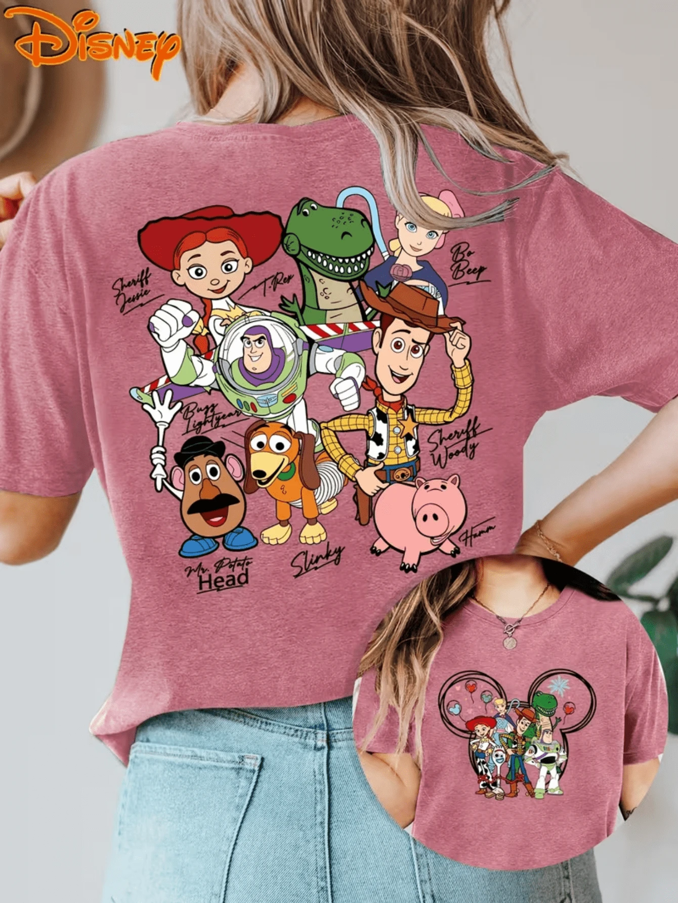 Disney Toy Story Characters Woody & Buzz Lightyear Cotton Blend Graphic Tee, Retro Family Casual Crewneck T-Shirt - 玫紅色 - 查看 1