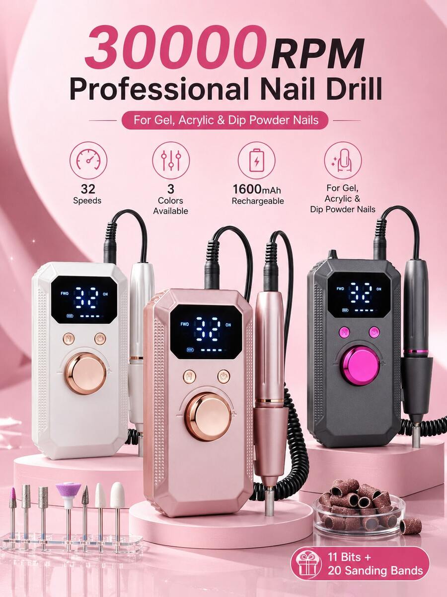 專業無線電動美甲磨甲機，可充電便攜式壓克力凝膠美甲修甲組，附11個磨頭與20個磨砂環，高速無線電動美甲修甲機，適用於凝膠美甲卸除、美甲、足部護理、美甲沙龍與居家DIY禮物，返校、秋季、旅行必備