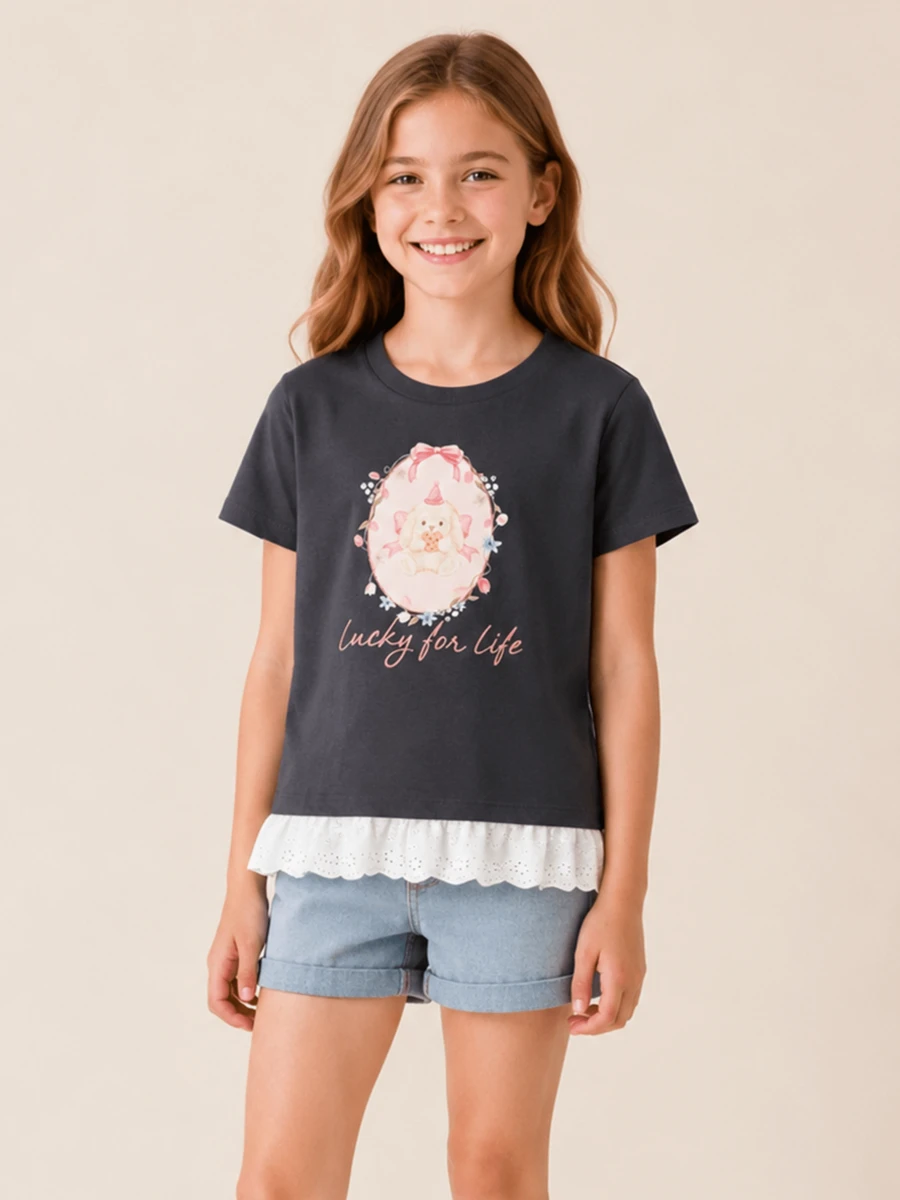 Balabala 2026 Girls Summer Sweet T-Shirt Cute Fashion Short Sleeve Top, Soft Comfortable , Casual Style - Dark Gray - View 1