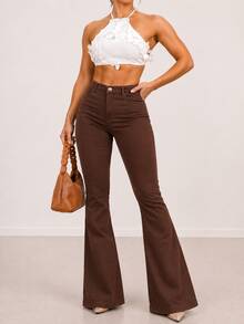 Beige Flare Pants, Bell-Bottom Style, Brown Flare Pants With Lycra, High Waist, Women's, Butt-Lifting, Comfortable, Versatile, Casual, Elegant, Country Style. - 鏽棕色 - 查看 5