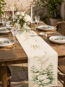 1pc Beige Linen Wedding Table Runner, White Rose/Eucalyptus Leaf/Wedding Ring/Gold Vine Print, Fade-Resistant Machine Washable, Romantic Wedding Table Decor Fabric, Suitable For Wedding, Engagement, Banquet, Party, Home Decor - Multicolor - View 2