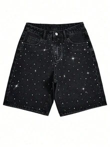Men's Fashion Rhinestone Loose Wide Leg Denim Shorts - Black - View 5