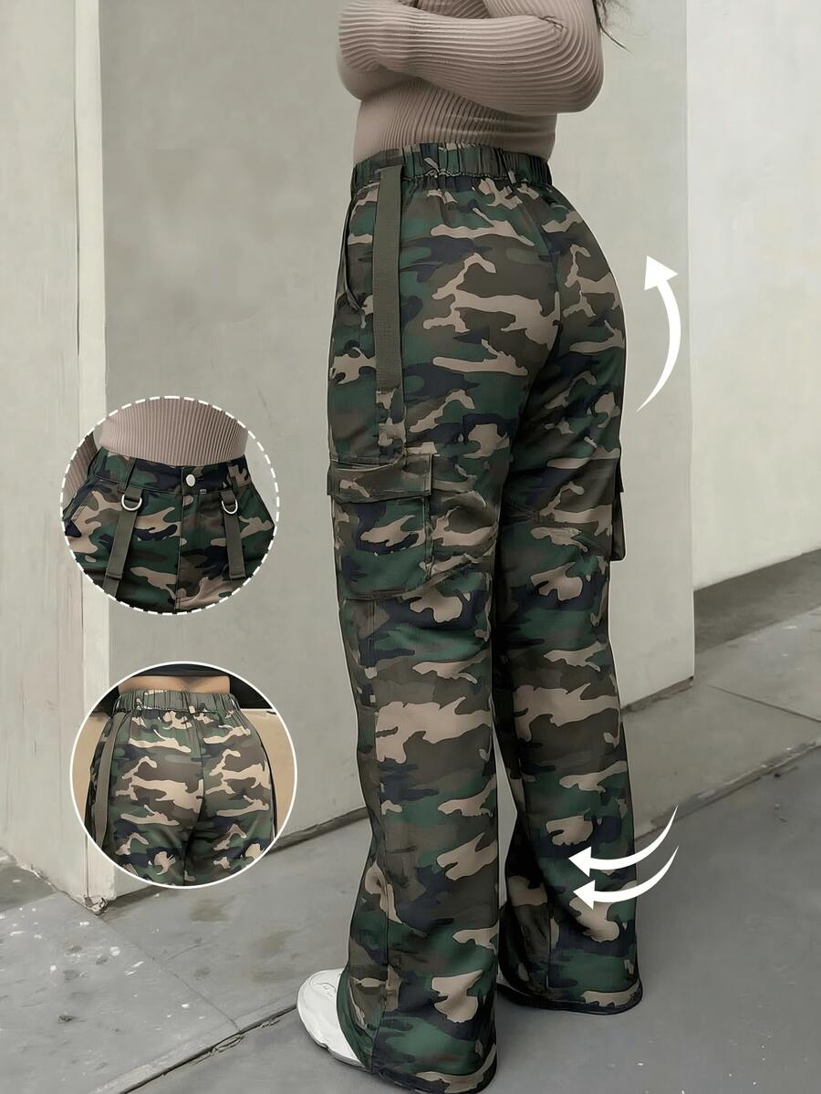 Women's Camouflage High Waist Cargo Pants, Multi-Pocket Wide Leg Trousers, Streetwear & Y2K Daily Outfits - 軍綠色2234 - 查看 1