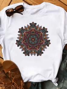 Camiseta negra para mujer Maycaur con estampado gráfico de mandala kawaii, nueva T-25 (2), corte holgado, estilo retro. - Blanco - Ver 1