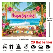 2D Flat Banner1 Piece Of Tropical Hawaiian Beach Birthday Party Backdrop - Featuring Vibrant Palm Trees, Colorful Flowers, Seascapes And A "Happy Birthday" Banner. Perfect For Summer Celebrations, Photo Props And Party Decorations. - View 3