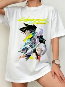White Unisex T-Shirt With Multiple Character Collage - Cyberpunk Edgerunners Team Art - 白色 - 查看 9