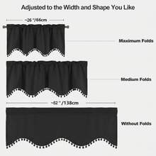 1/2/3/4 pièces, rideaux de fenêtre en polyester de style luxe européen à haute précision, bord inférieur en vague en forme de S, décoration de franges à pompons, doux et lisse, décoration d'intimité, lavable, conception de poche pour tringle, convient pour la décoration de fenêtre du salon, de la chambre, de la cuisine - Noir - Voir 5