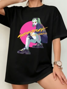 Black Unisex T-Shirt With Rebecca Crouching Pose & "CYBERPUNK EDGERUNNERS" Lettering - Anime Character Design - 黑色 - 查看 8