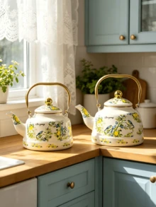French Retro Pastoral Style + Lemon & Bird Hand-Painted Pattern / Milk White Base With Gilded Trim + Rounded Bulbous Pot Shape + Polished Gold Handle + Golden Lid Details + Uniform Heat Conduction / Easy To Clean & Durable / Large Capacity Water Storage + Enamel Hand-Painted Coffee Water Kettle + Ideal For Daily Home Brewing / Afternoon Tea Hospitality Serving / Kitchen Desktop Decoration / Housewarming Gifting Scenarios - Multicolor - View 1