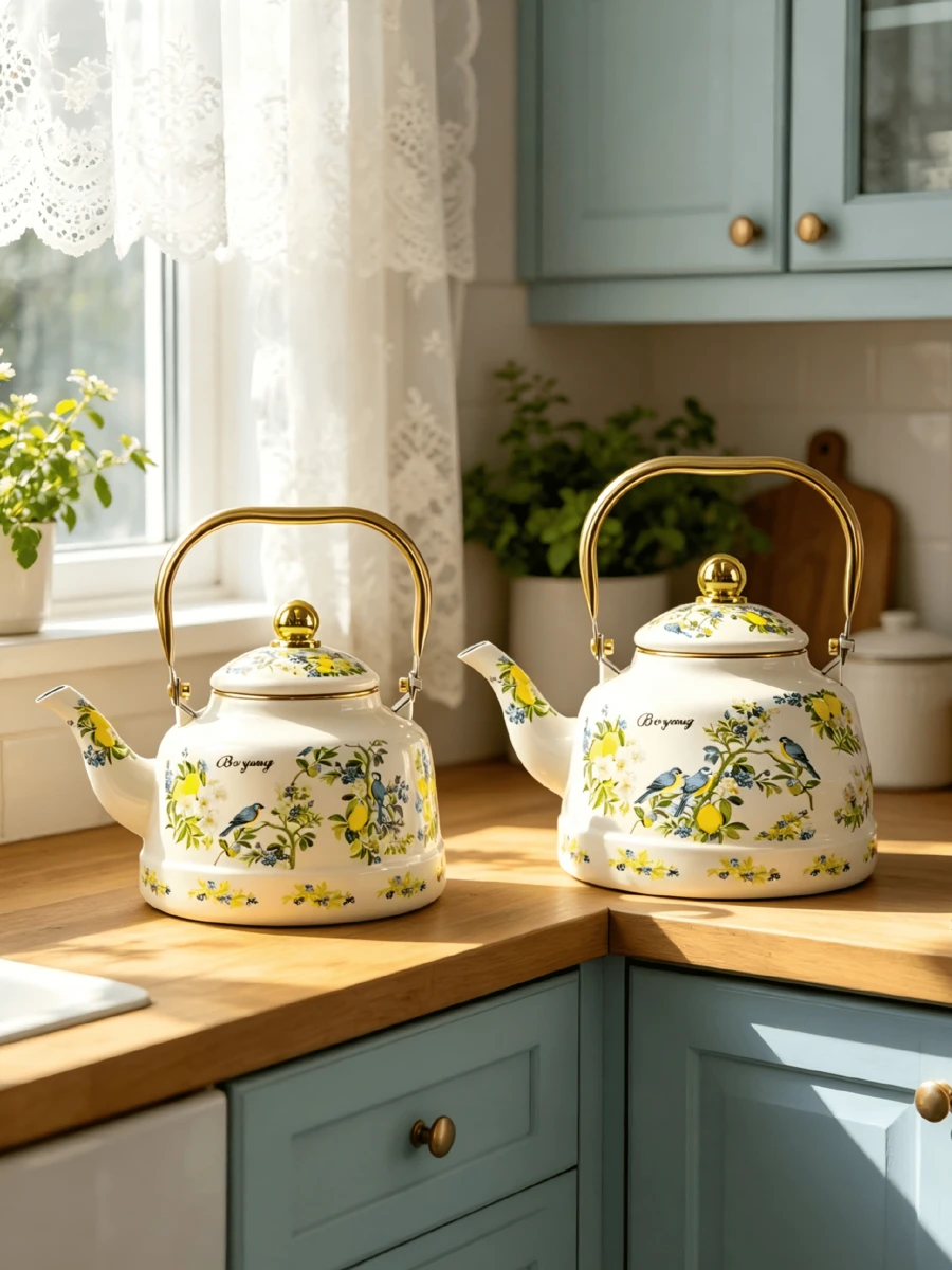 French Retro Pastoral Style + Lemon & Bird Hand-Painted Pattern / Milk White Base With Gilded Trim + Rounded Bulbous Pot Shape + Polished Gold Handle + Golden Lid Details + Uniform Heat Conduction / Easy To Clean & Durable / Large Capacity Water Storage + Enamel Hand-Painted Coffee Water Kettle + Ideal For Daily Home Brewing / Afternoon Tea Hospitality Serving / Kitchen Desktop Decoration / Housewarming Gifting Scenarios - Multicolor - View 1