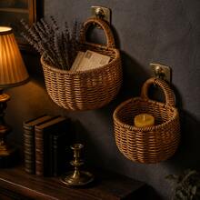 2pcs Wall-Mounted Storage Baskets (Large + Small), Includes 2 Hooks | Hand-Woven Bohemian Style Storage Baskets, Stackable, Suitable For Kitchen, Bathroom And Cosmetic Organization | High-Quality Rustic Home Decor - Multicolor - View 2