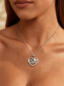 Miniso Hello Kitty Heart Love Rhinestone Pendant Necklace 1Pc Silver Tone Lightweight Comfortable For Women Daily Party Gift Sparkly - Style1 - View 4