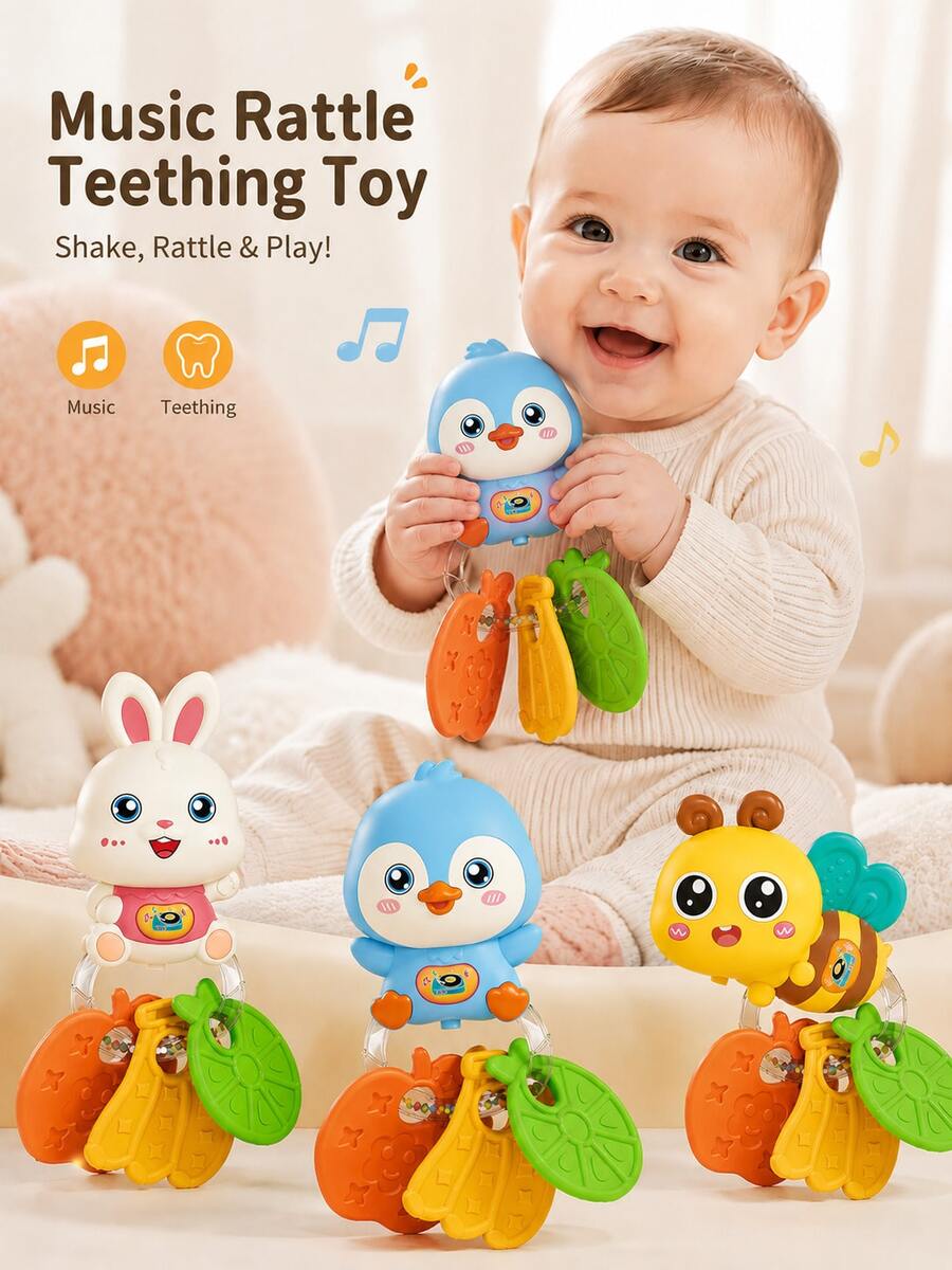 Juguete Mordedor y Sonajero para Bebés y Niños Pequeños, Juguete Educativo para Ayudar a Desarrollar la Coordinación Mano-Ojo. Cuenta con Diseños de Dibujos Animados Lindos como Abeja, Pingüino y Conejo, lo que lo hace un Regalo Adecuado para Niños y Niñas Recién Nacidos. - Multicolor - Ver 1
