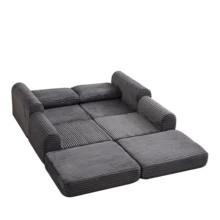 2-In-1 Corduroy Sofa Bed Cord-Zwei-In-Eins, With Two Pillows, Elegant Curved Armrests, Removable Footrest And Modular Arrangement. - 灰色 - 查看 3