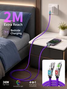 1pc 2M 240W 4 In 1 RGB Charging Cable Multi Connector USB C Lightning Micro USB Data Cable With Color Light USB A To Type C Fast Charging Cord For Phone Tablet Laptop Car Office Travel Daily Use - View 9