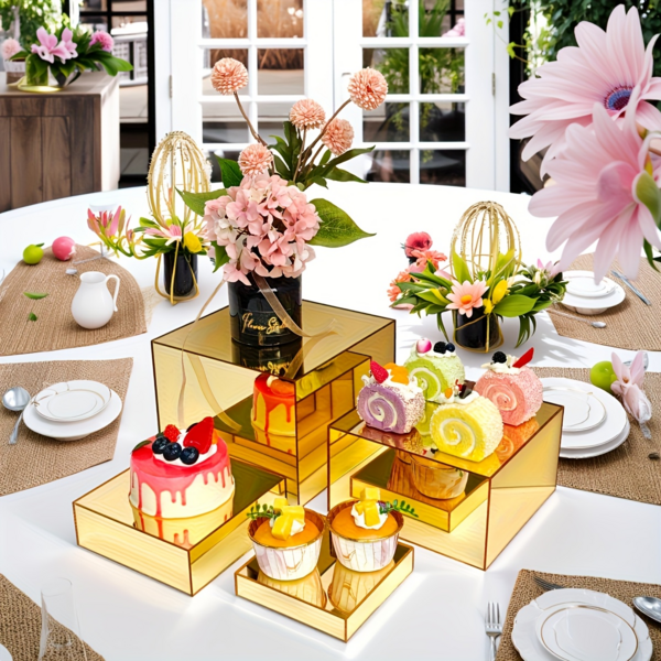 FUSHITON 4PCS Food Risers For Buffet Table Gold, Gold Mirrored Risers Display Stands, Cube Display Stands Box Risers For Catering Dessert Perfume Collection Jewelry Party Centerpieces