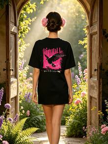 Women's Summer Casual Soft Round Neck Short Sleeve T-Shirt,The Print Graphic Suitable For Spring And Summer Outfits. - 黑色 - 查看 1