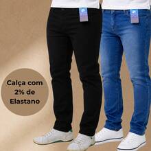 KIT 2 Men's Slim Fit Jeans Pants With Lycra And Elastane, Casual Fashion 2025, Men's Adult Denim Jeans, Gift For Fathers, Man - 褲子 1 條黑色純色 - 1 條藍色二手 - 查看 1
