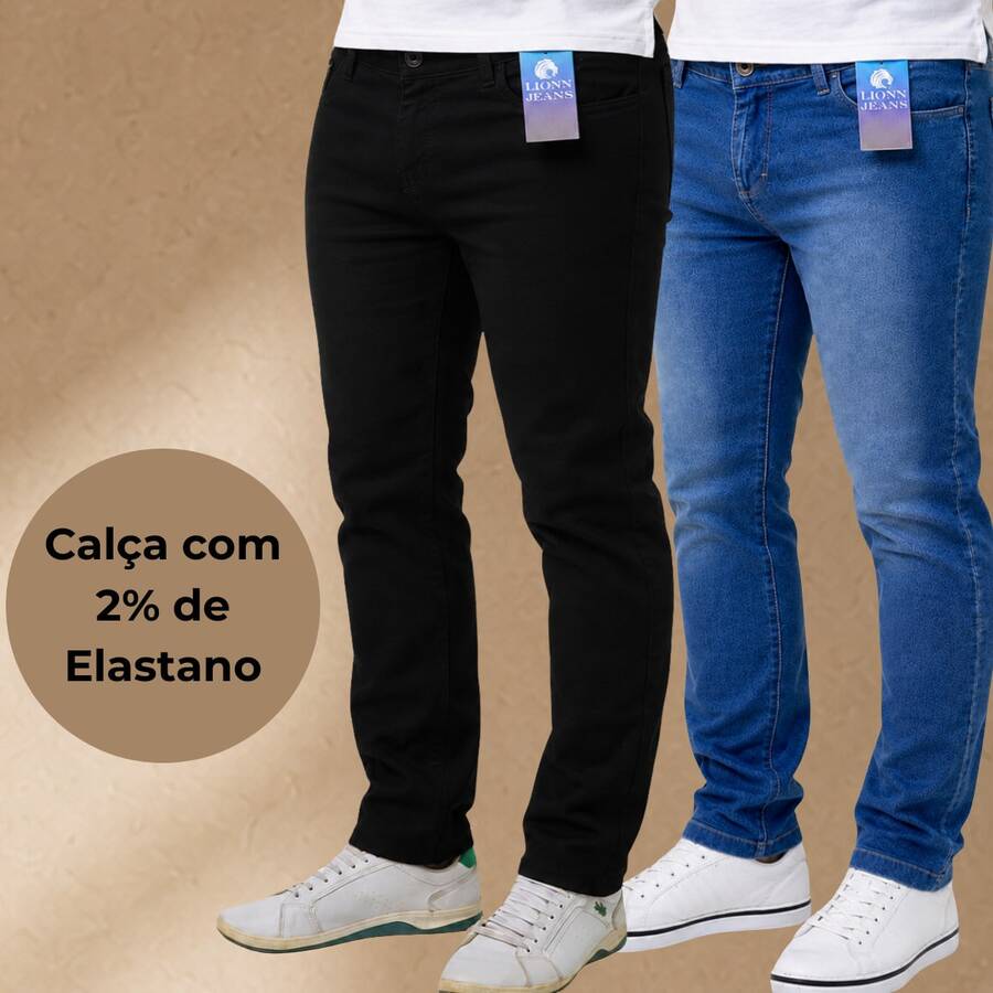 KIT 2 Men's Slim Fit Jeans Pants With Lycra And Elastane, Casual Fashion 2025, Men's Adult Denim Jeans, Gift For Fathers, Man - 褲子 1 條黑色純色 - 1 條藍色二手 - 查看 1