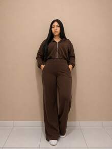 Comfortable Tracksuit Set With Metal Zipper, Long Sleeves And Wide-Leg Pants With Pocket. - 鏽棕色 - 查看 1