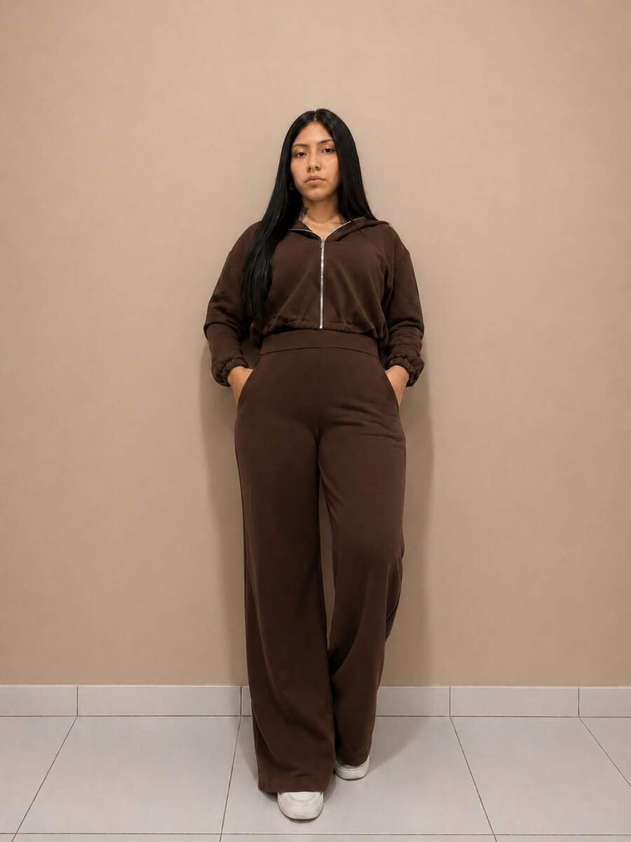 Comfortable Tracksuit Set With Metal Zipper, Long Sleeves And Wide-Leg Pants With Pocket. - 鏽棕色 - 查看 1