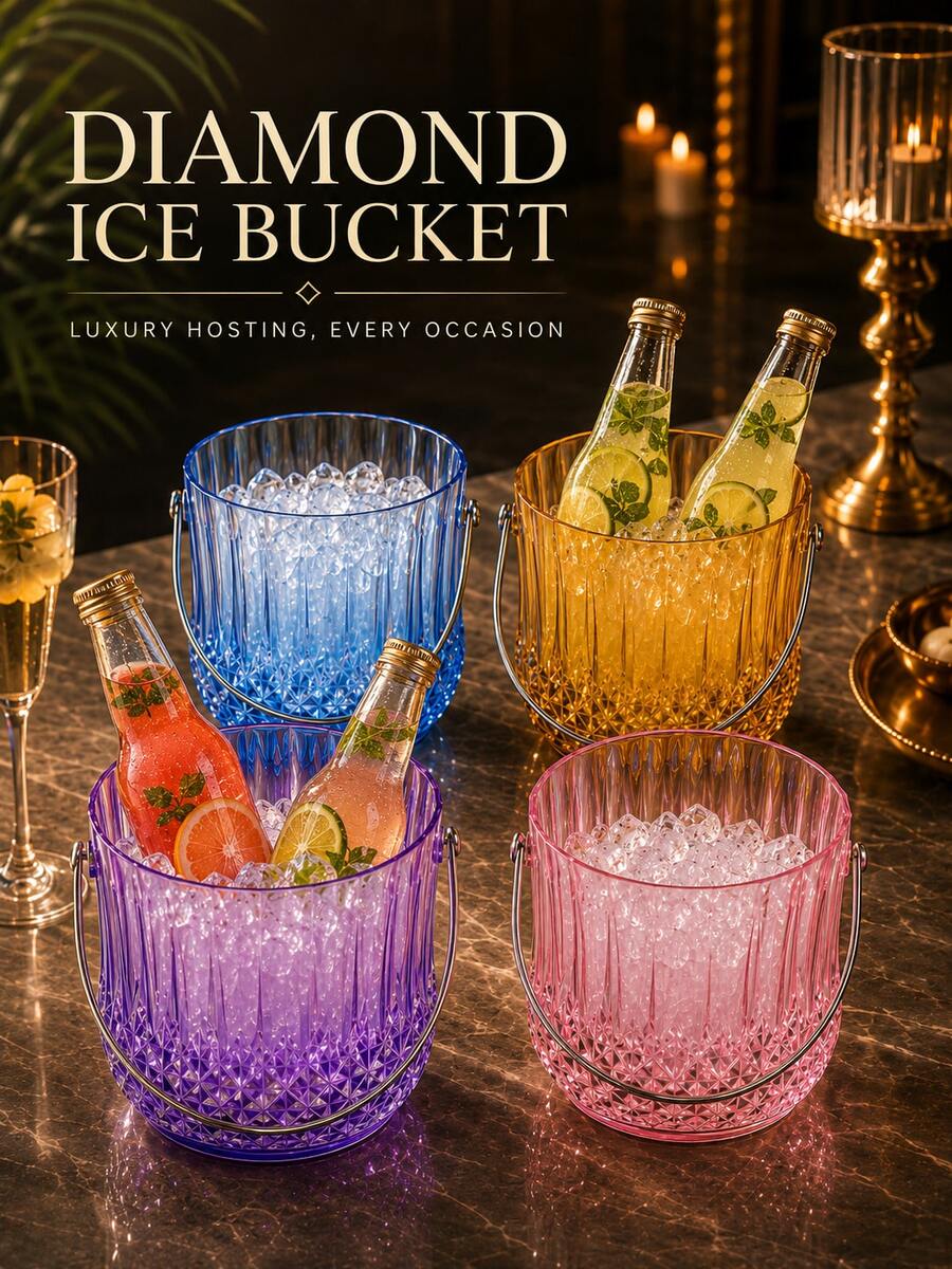 POWCAN 鑽石圖案透明冰桶 附不鏽鋼把手,大容量透明飲料冷藏桶,適用於汽水、果汁、無酒精調酒、冷飲,派對酒吧咖啡廳佈置、居家聚會甜點桌裝飾,可重複使用盛裝桶派對必需品 - 查看 1